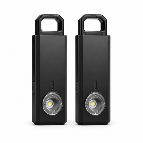 IZWI Duo: two black rechargeable personal alarms on a white background
